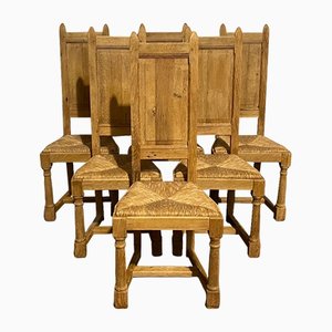 Sedie da pranzo in stile gotico in legno di quercia sbiancato, set di 6
