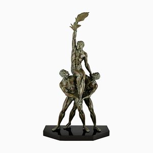 Sculpture Art Déco en Métal et Marbre Représentant 3 Athlètes avec Feuille de Palmier par Pierre Le Faguays pour Max Le Verrier, 1930s