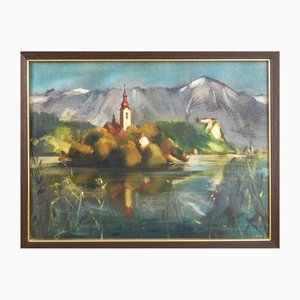 The Church in the Middle of the Lake, Oil on Canvas, Framed