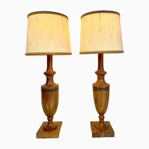 Lámparas de mesa artesanales Mid-Century vintage con incrustaciones de madera. Juego de 2