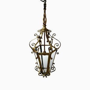 Victorian Brass & Glass Panel Hanging Lantern Light