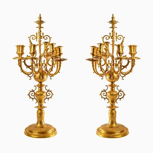 Candelabras in Chased and Gilted Bronze, Set of 2