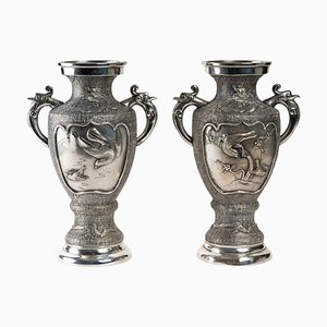 Asian Silvered Metal Vases, Set of 2