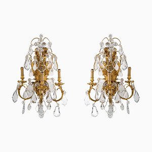 Wall Lights in Gilt Bronze and Crystal, Set of 2