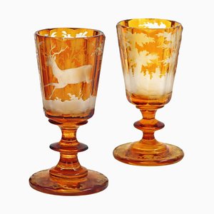 Verres à Liqueur Bohémiens Gravés Antiques, Set de 2