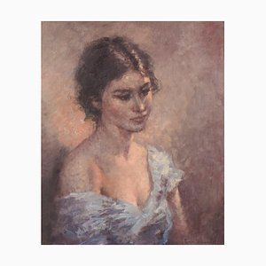 Portrait of a Girl, 20th-Century, Oil on Canvas, Framed