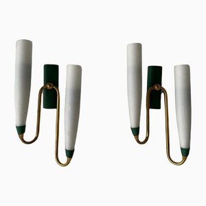 Italienische Mid-Century Doppel-Opalglas & Grüne Metall Wandlampen, 1960er, 2er Set
