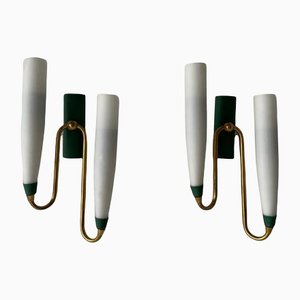 Mid-Century Italian Double Long Opal Glass & Green Metal Sconces, 1960s, Set of 2