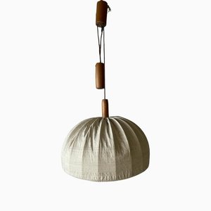 Fabric and Teak Counterweight Pendant Lamp, 1970s