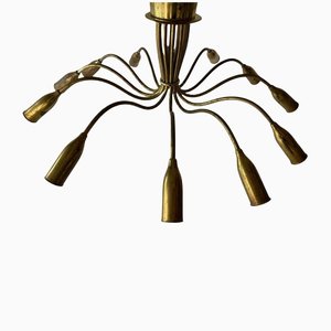 Lámpara de araña Sputnik alemana Mid-Century de latón con 12 brazos, años 50
