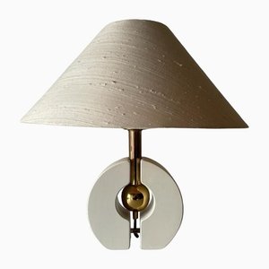 Mid-Century Modern German Fabric and White Wood Body Table Lamp with Atomic Brass Detail from Schröder & Co, 1970s