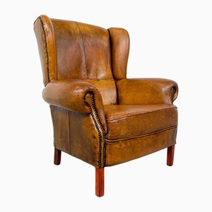 Vintage Dutch Sheep Leather Wingback Armchair