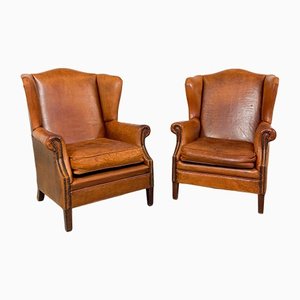 Dutch Sheep Leather Wingback Armchairs, Set of 2