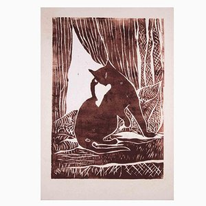 Giselle Halff, Le Chat, Original Woodcut, Mid-20th Century