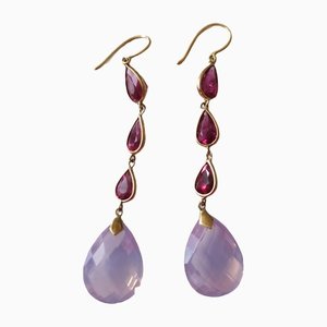 18kt Earrings in Yellow Gold with Red Tourmalines and Rose Quartz, Set of 2