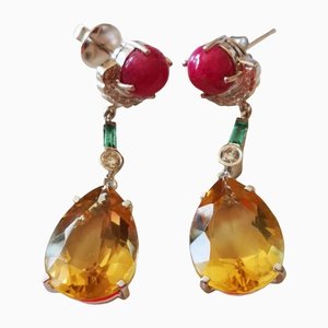 Yellow Gold Earrings with Citrine, Emerald, Ruby and Diamond, Set of 2