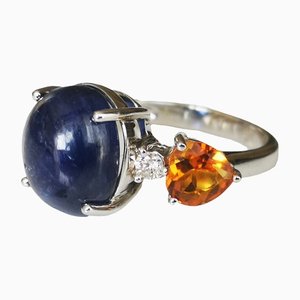 Ring in 18k White Gold with Sapphire, Diamond, and Citrine