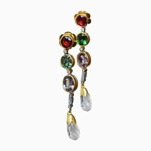 Flexible Earrings in Yellow Gold and White Gold with Tourmaline and Spinel Moonstone, Set of 2