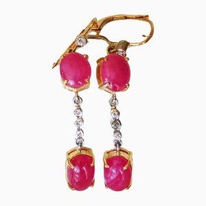 8k Yellow Gold Earrings in Ruby & Rose-Cut Diamonds, Set of 2