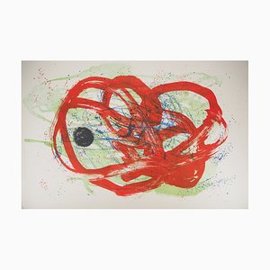 Litografia originale di Joan Miro, rosso e verde su blu