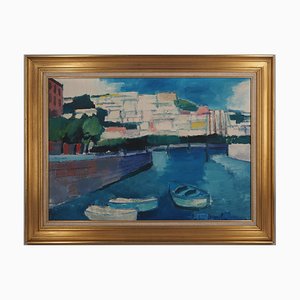 André Brasilili, Italie, Barques à l'entrée du port, 1955, 1955, Oil on Canvas, Framed
