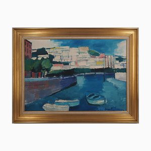 André Brasilili, Italie, Barques à l'entrée du port, 1955, 1955, óleo sobre lienzo, enmarcado