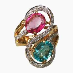Ring aus Gelbgold, Turmalin, Apatit und Diamant