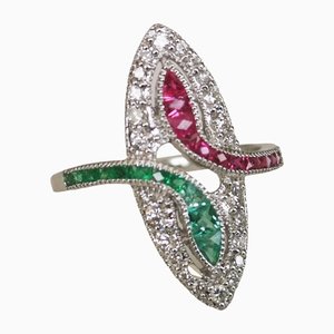 Art Deco Style Ring with Ruby, Emeralds and Diamonds