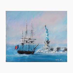 Victor Spahn, Segelboot und Freiheitsstatue, Öl auf Leinwand