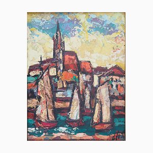 Henry Maurice Danty, Brittany, Church Seen the Port, Oil on Canvas
