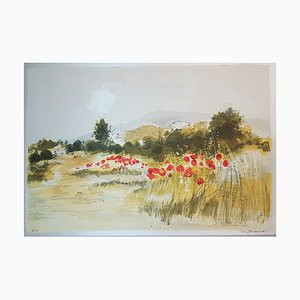 Michel Jouenne, Les Coquelicots, 1992, Lithographie Originale sur Soie