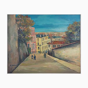 Elisée Maclet, In the Streets of Montmartre, Oil on Panel, Framed