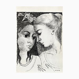 Paul Delvaux, Two Young Women (Confidences), Litografía original, 1972
