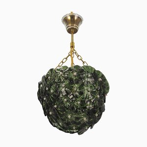 Green Murano Glass Flowers and Brass Pendant Light