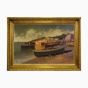 Landscape at Sunset and Marine with Boats, 1980s, Oil on Canvas, Framed