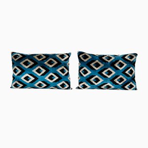 Blue Silk Ikat Velvet Lumbar Cushion Covers, Set of 2