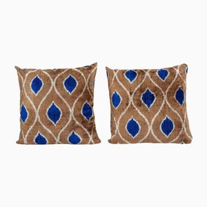 Uzbek Tan and Blue Silk Ikat Velvet Cushion Covers, Set of 2
