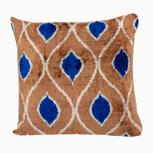 Housse de Coussin Artisanale en Soie et Velours Tan & Bleu