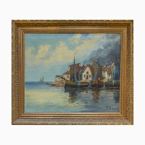 M. Bernard, Ships in the Port, Oil on Canvas, Framed