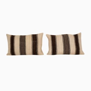 Turkish Handmade Striped Wool Kilim Lumbar Pillow Covers, Set of 2