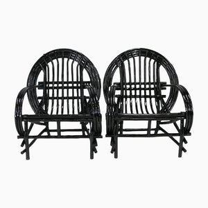 French Black Lacquered Rattan Armchairs, 1960s, Set of 2