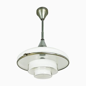 Small Chrome Plated & Opaline Glass Pendant Lamp by Otto Müller for Sistrah Licht Gmbh, 1920s