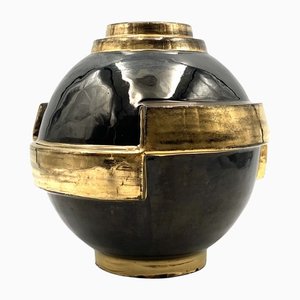 Vase Globe Art Déco Noir et Doré de Saint Clément, France, 1920s