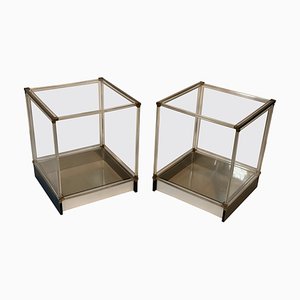 Mid-Century Italian Acrylic Glass, Metal & Glass Side Tables or Nightstands, Set of 2