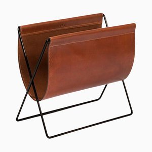 Cognac Leather and Black Steel Maggiz Magazine Rack by Ox Denmarq