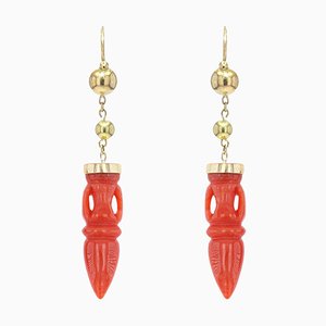 French 18 Karat Yellow Gold Dangle Earrings with Coral Amphora, 1900s, Set of 2