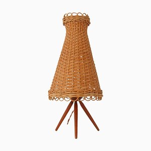 Mid-Century Rattan and Birch Table Lamp Attributed to JT Kalmar, 1950s