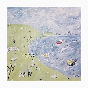 Therese James Windy, Sheep and Blowy Boats, 2021, acrilico su tela