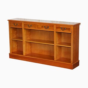 Burr Yew Wood Dwarf Open Bookcase or Sideboard with Three Large Drawers