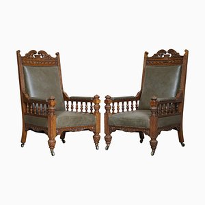 Victorian Carved Oak & Leather Throne Armchairs, Set of 2
